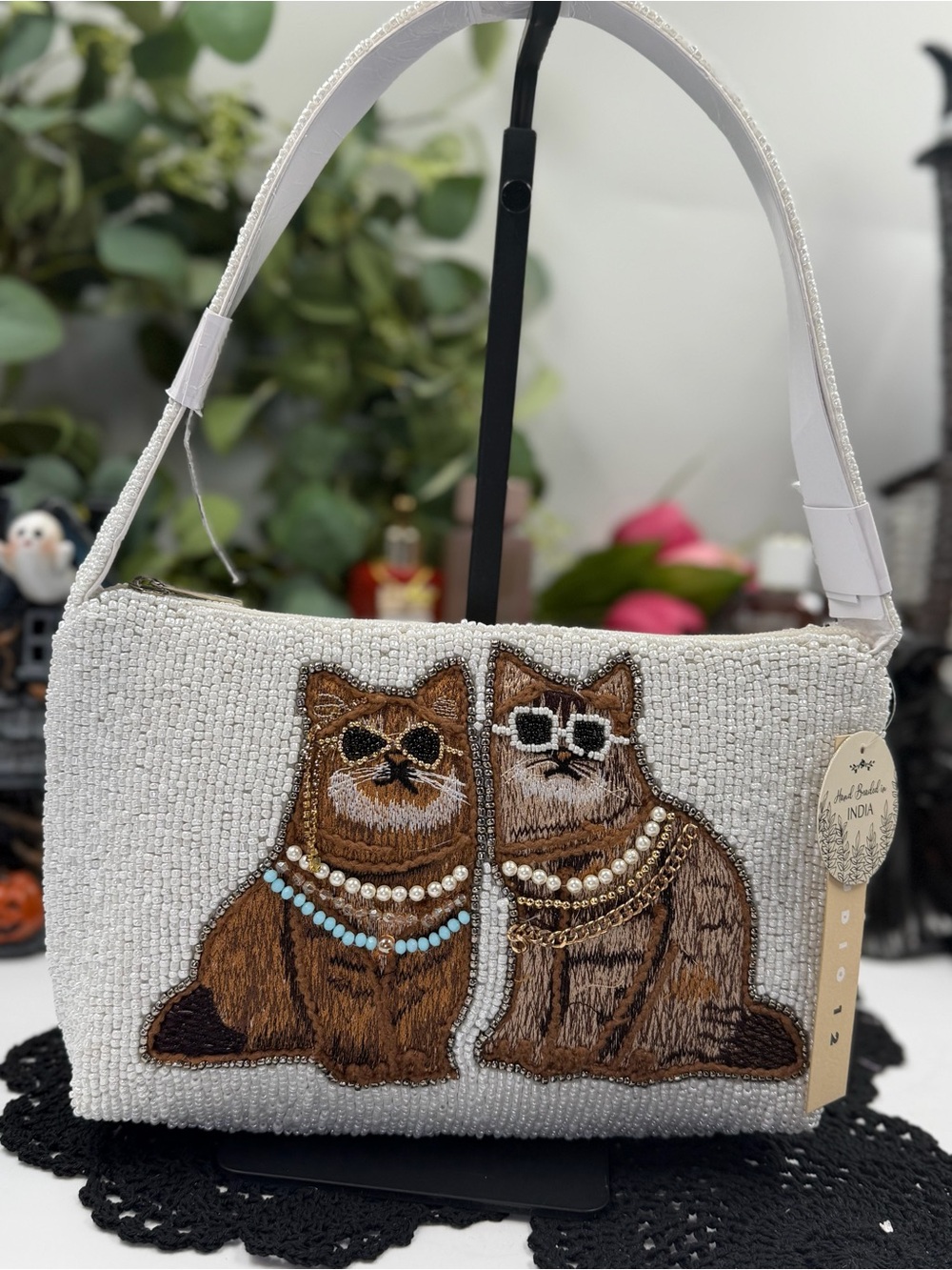 Viral Fancy Cats Hand Beaded Shoulder Bag Pearl Sunglasses Purse